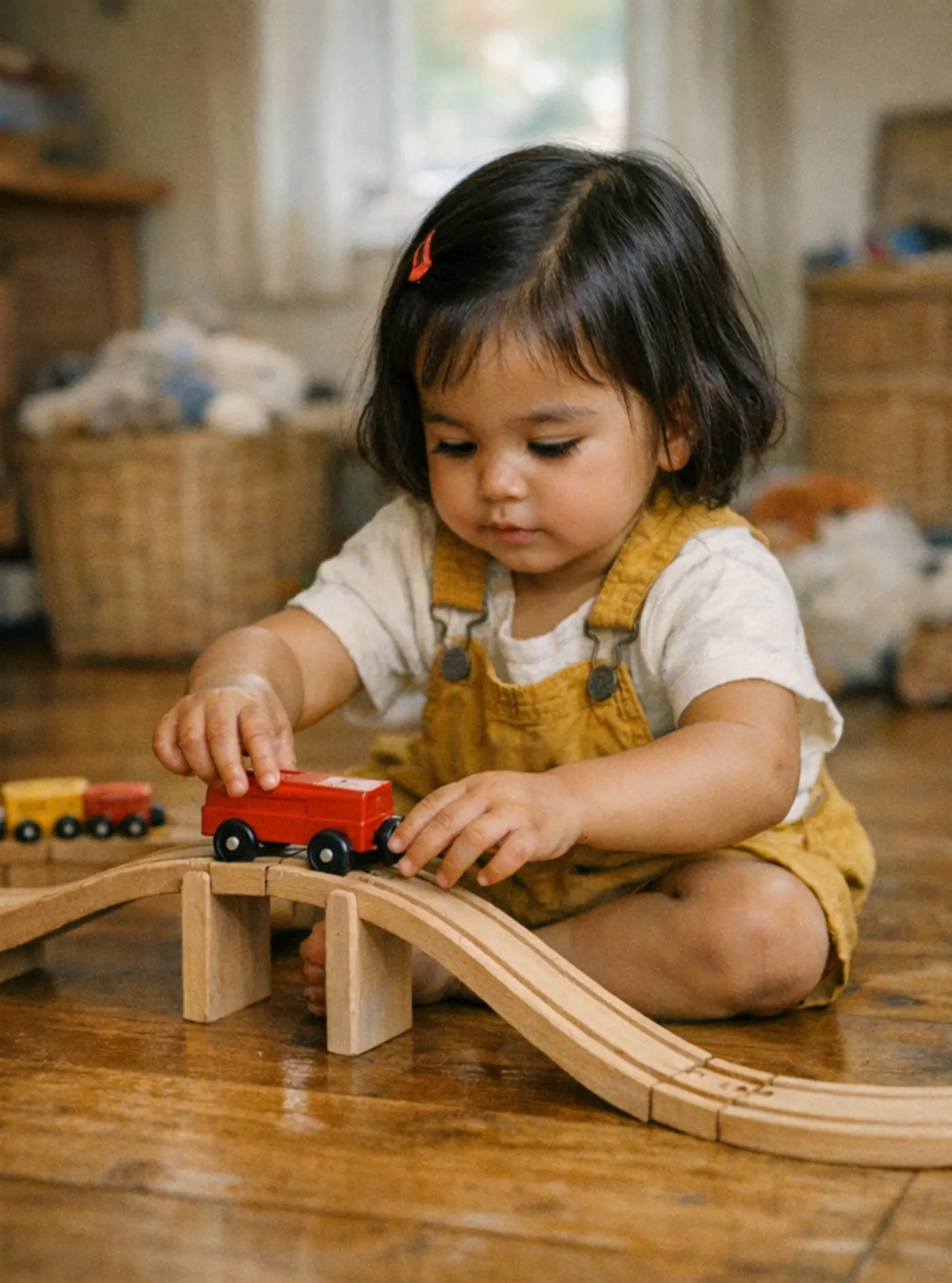 Mia guiding a red wooden train over a bridge on the floor