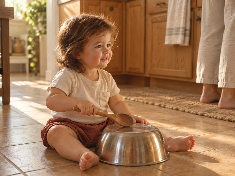Shai playing a mixing bowl with a wooden spoon on the kitchen floor