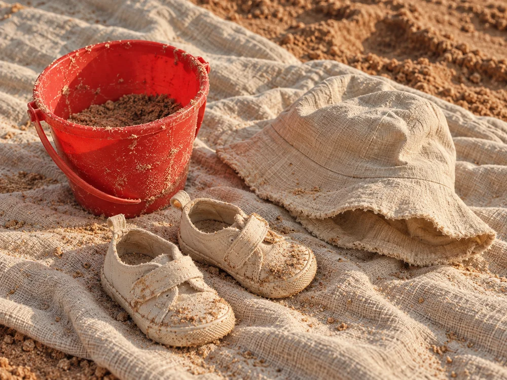 Small sand-filled shoes, a sun hat and a red bucket on the beach blanket