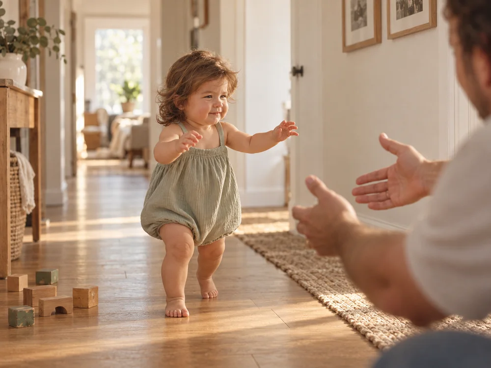 Shai taking first steps toward a parent's hands at home
